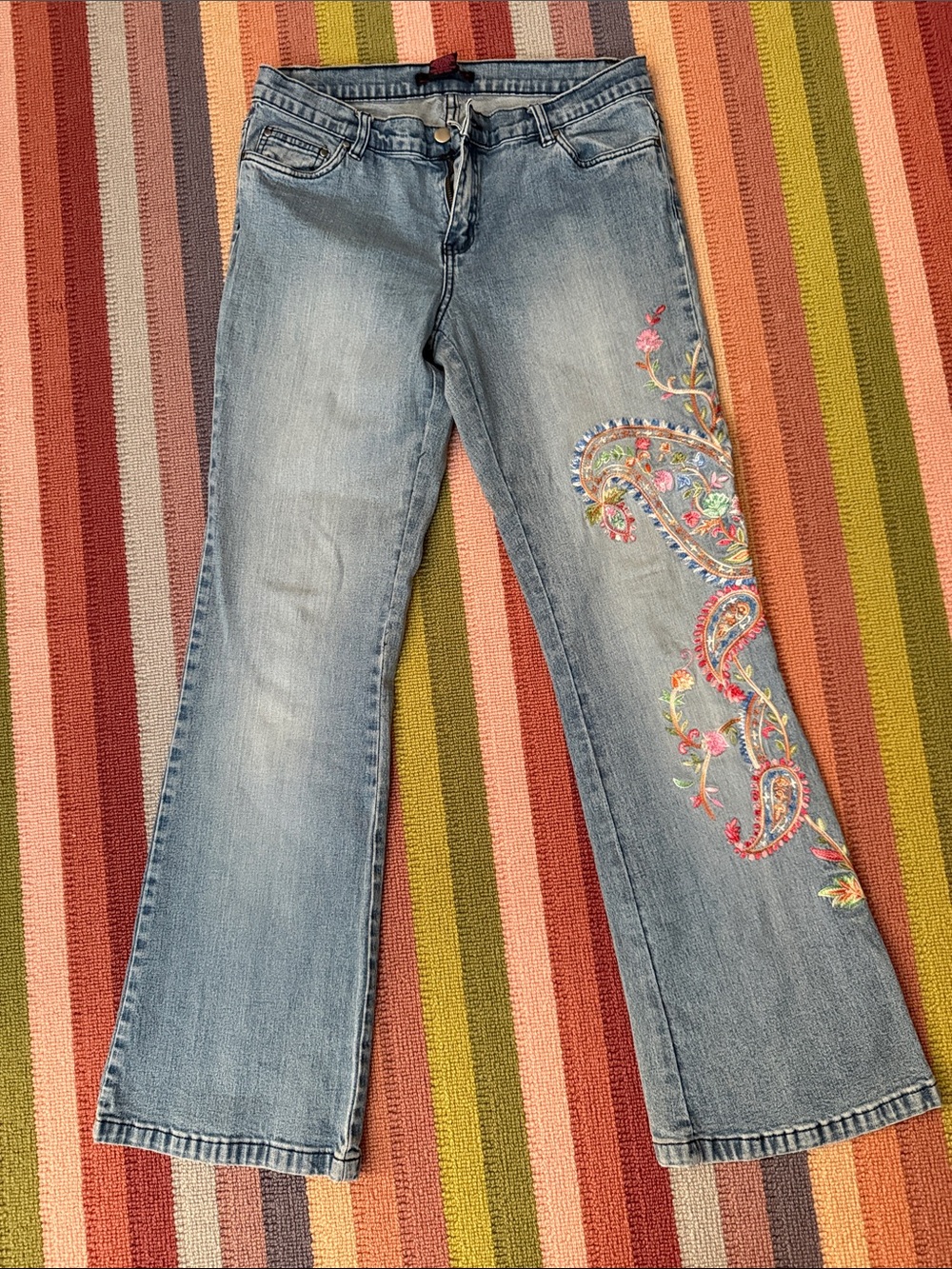 Willi Smith Light Blue Flare Jeans with Multicolor Paisley Embroidery